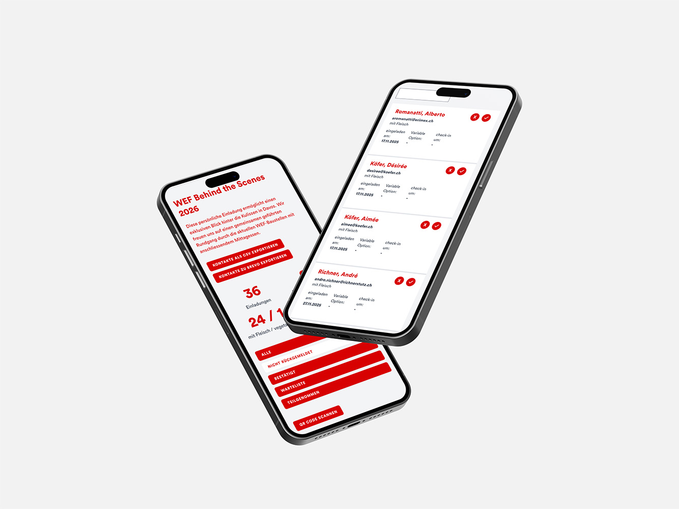 Zwei Smartphones mit mobiler Ansicht einer Eventtool-Software für Teilnehmerverwaltung und Check-in