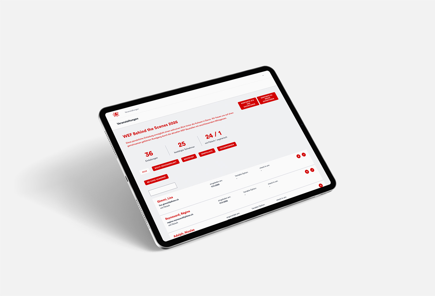 Tablet mit Veranstaltungsübersicht und Teilnehmerverwaltung einer Eventtool-Software