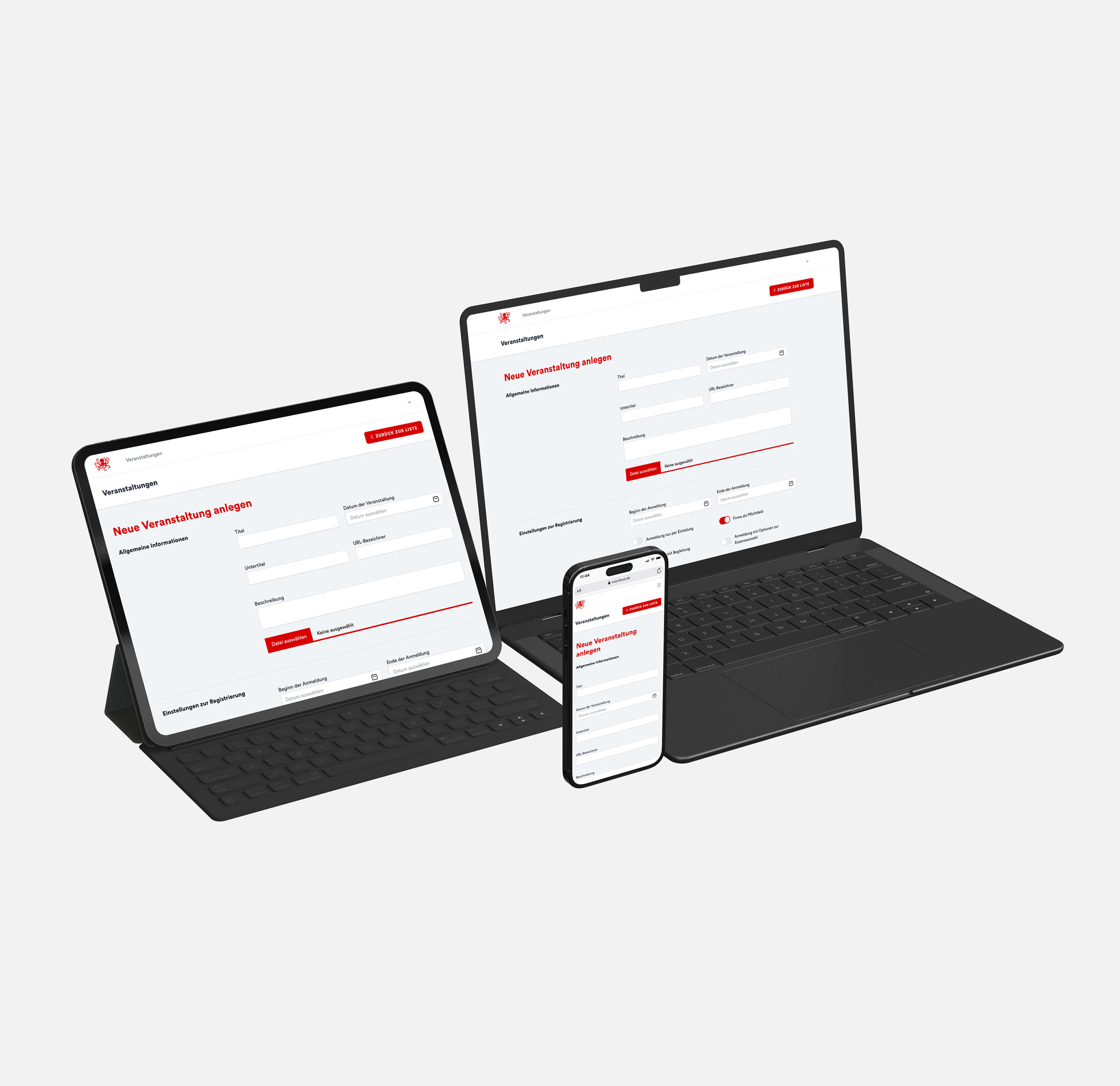 Eventtool-Software auf Laptop, Tablet und Smartphone zur Erstellung und Verwaltung von Veranstaltungen