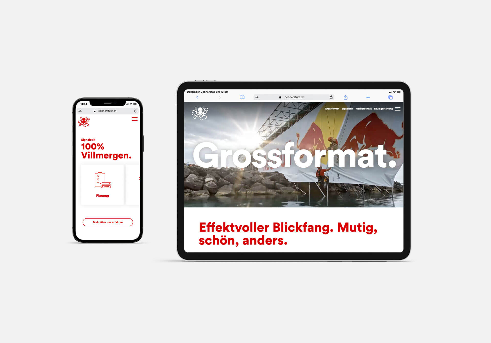 Responsive Website von Richnerstutz auf Smartphone und Tablet mit Darstellung der Bereiche Signaletik und Grossformat